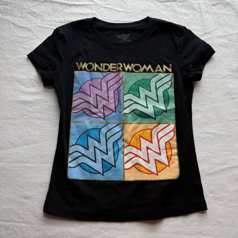 Wonder Woman Girls Black T-Shirt With Gold Glitter Logo & Colorful Panels M 7-8